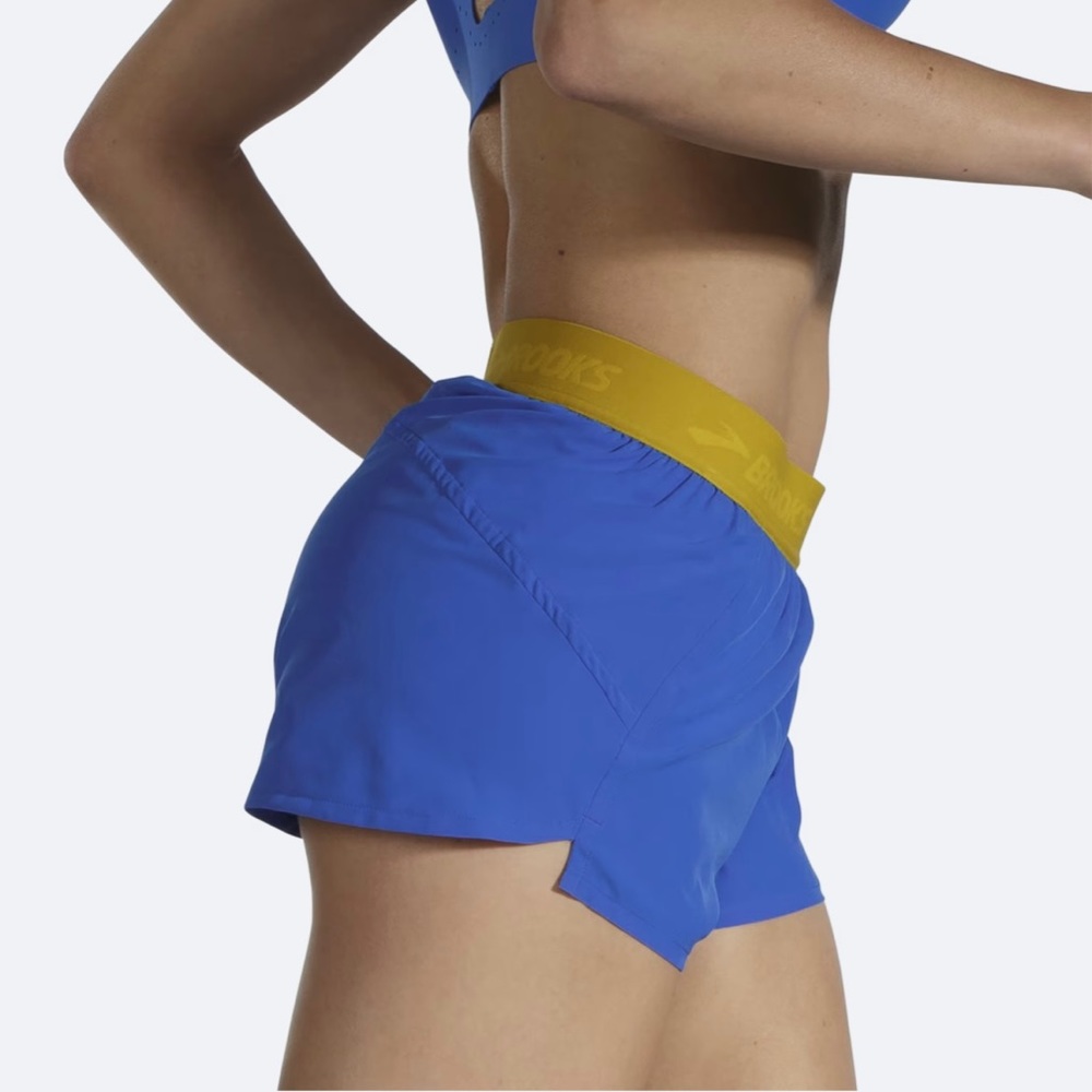 Brooks Women's Blue Athletic Shorts with Yellow Waistband